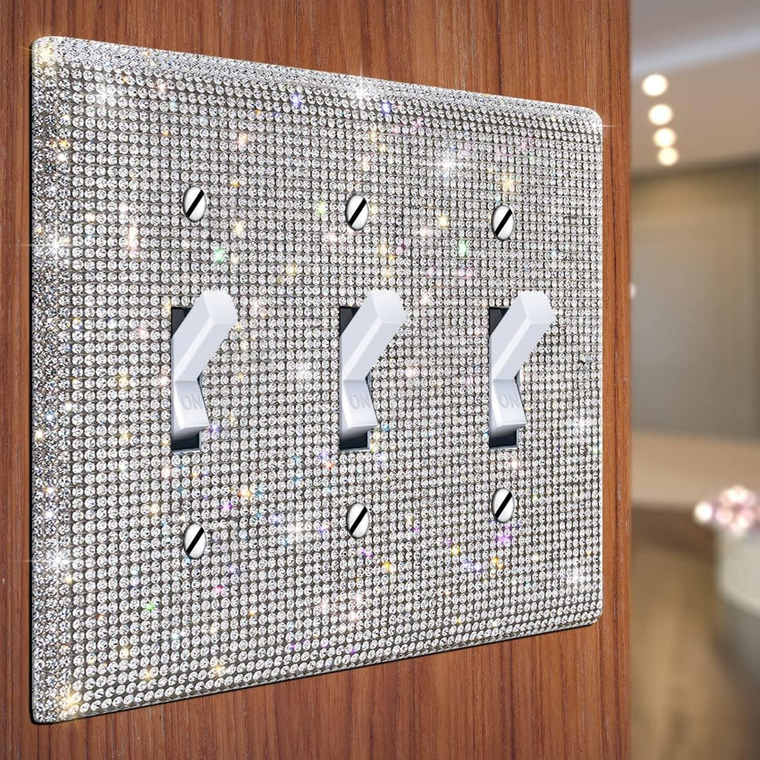 Silver Shiny Sparkle Bling Crystal Rhinestones Wall Plate Cover, 3-Gang Toggle L