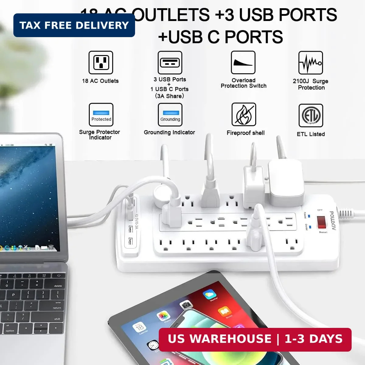 Robust 10 Feet Power Strip with 18 Outlets & USB Ports – Surge Protection 2100J