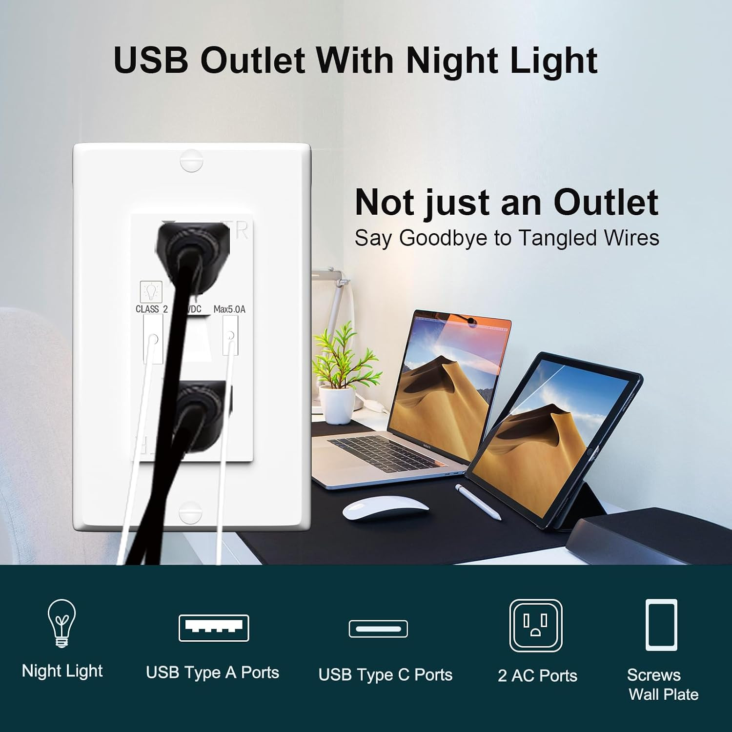USB Outlet with Light, Modern 15A Standard Outlet with Night Light, USB Type a &