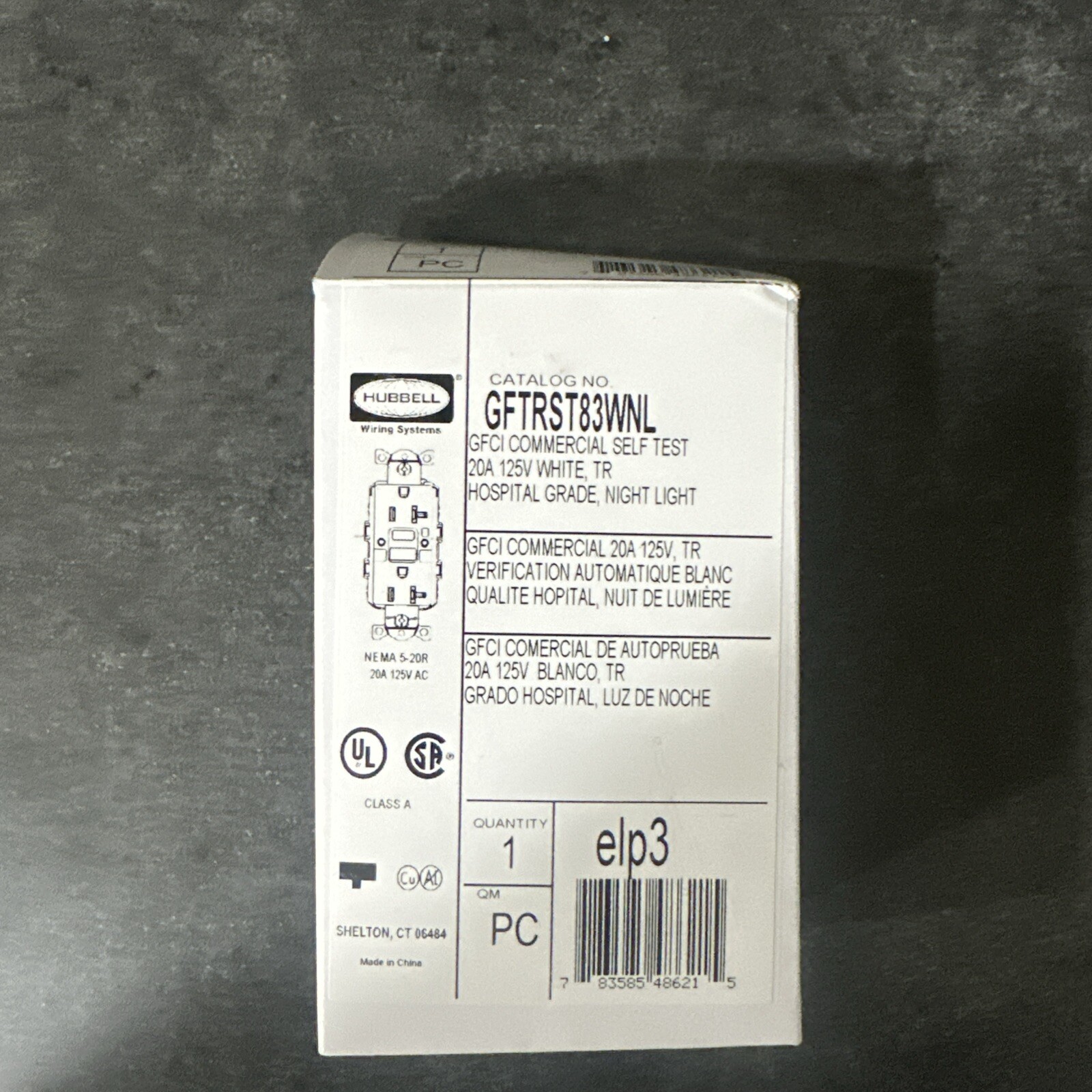 HUBBELL GFTRST83WNL Recept,Wht,20 A,GFCI,2P3W,Back; Side,1PK 45UG24