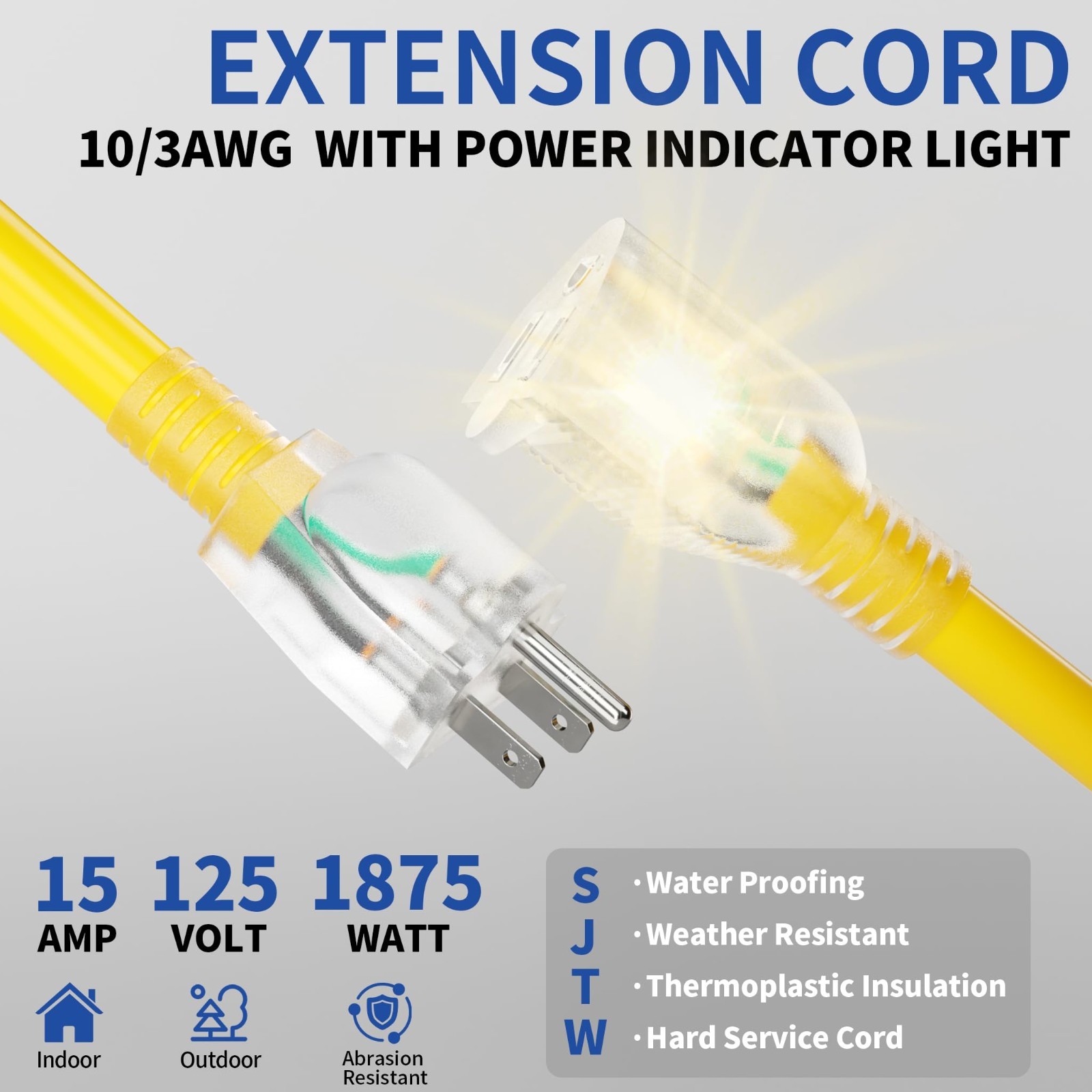 50ft Heavy Duty Extension Cord, 10/3 Gauge, Waterproof, Flexible, Lighted 15A 12