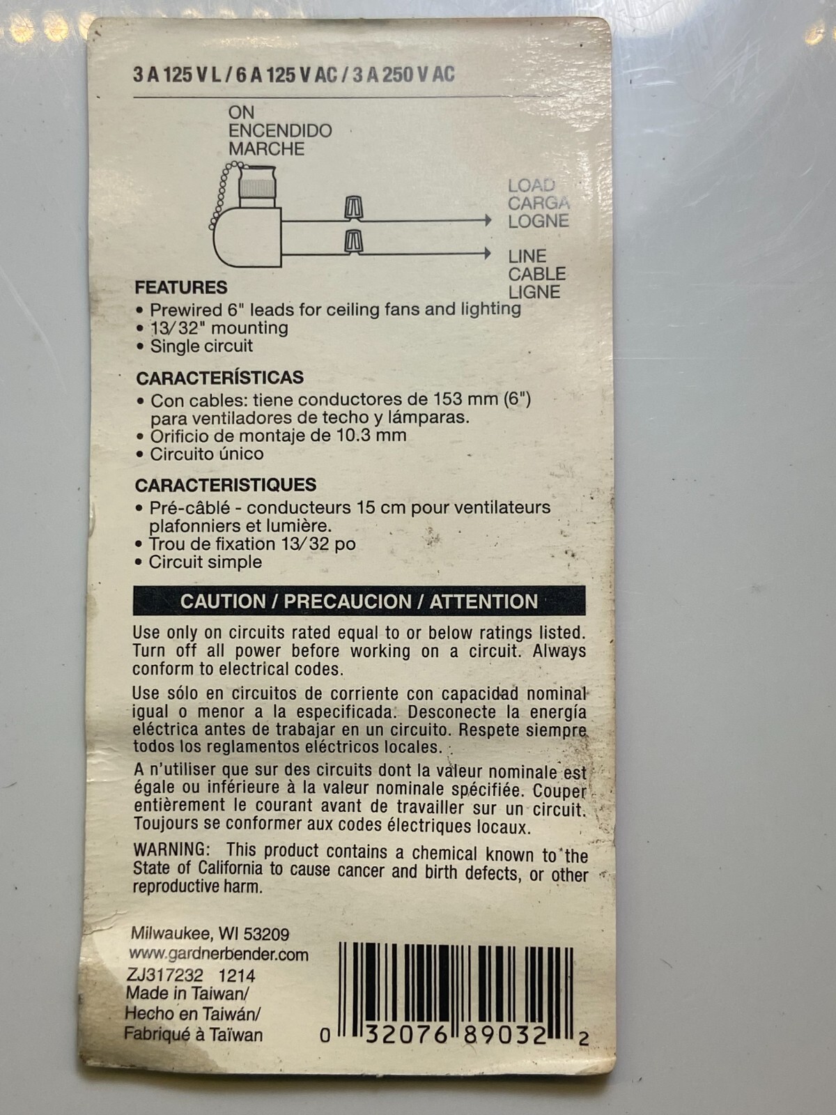 Pull Chain Switch SPST For Fans & Lights On-Off 6-Amps 125-Volts NEW-IN-PACKAGE