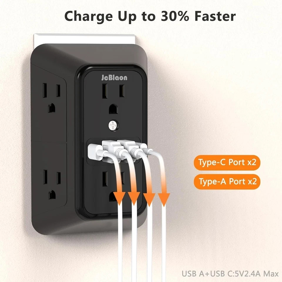 USB Wall Charger Power Strip Surge Protector with 4 USB Ports (2 USB C) Plug Ext