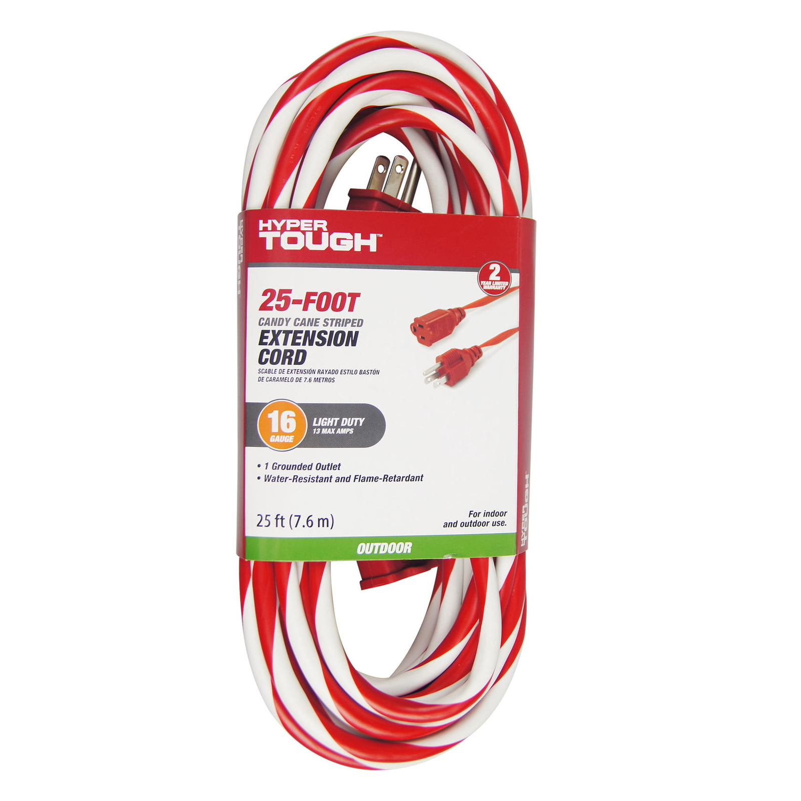 Hyper Tough 1-Outlet 25FT Candy Cane Extension Cord, Red/White