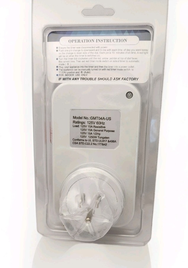 Plug-in Mechanical Timer Model 24 Hours Programmable 15 Amps GMT04A-US New