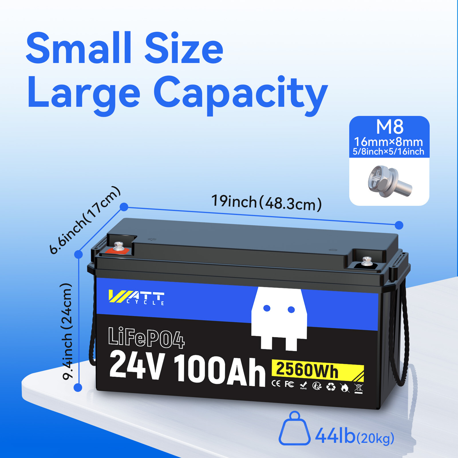 WattCycle 24V 100Ah LiFePO4 Lithium Battery 2560W for RV Trolling Motor Off-Grid