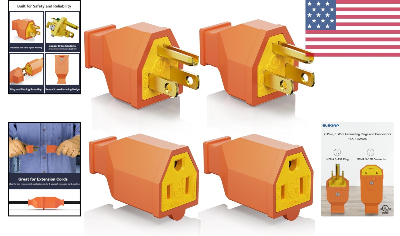 Toughened Brass Plug & Connector Set, Listed, 2x 15A 125V Replacement Ends
