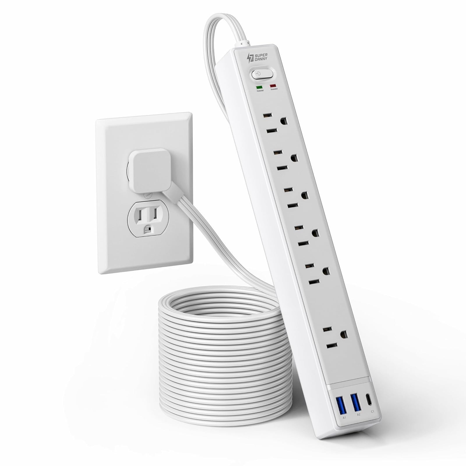 SUPERDANNY 10Ft Surge Protector Power Strip with 6 Outlets & 3 USB