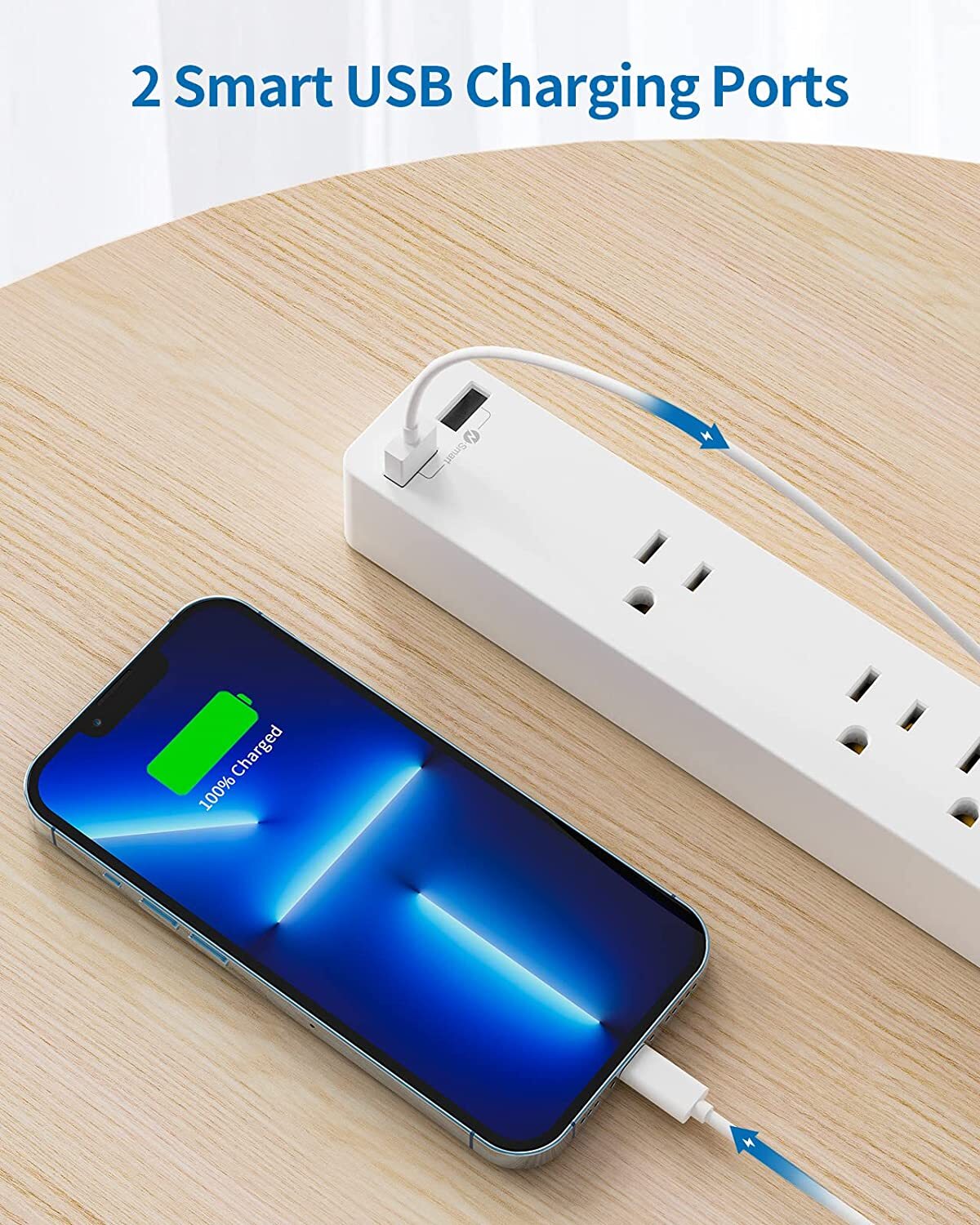 Wall Mount Power Strip Flat Plug 4 AC Outlets 2 USB 15 ft Long Extension Cord