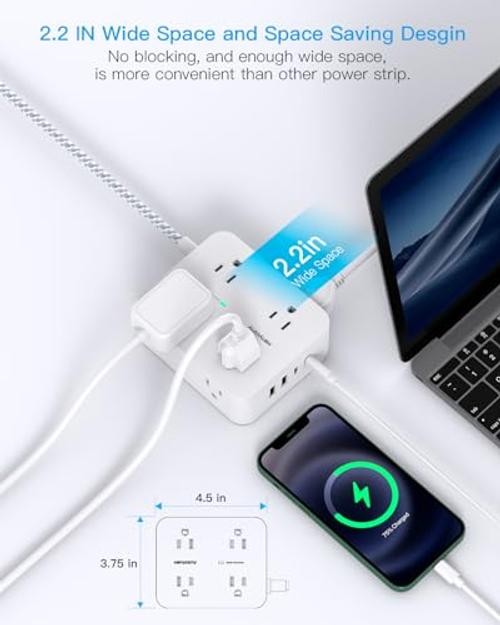 Surge Protector Power Strip 15 Ft Long Cord, 1080J, Flat Plug | 15ft White
