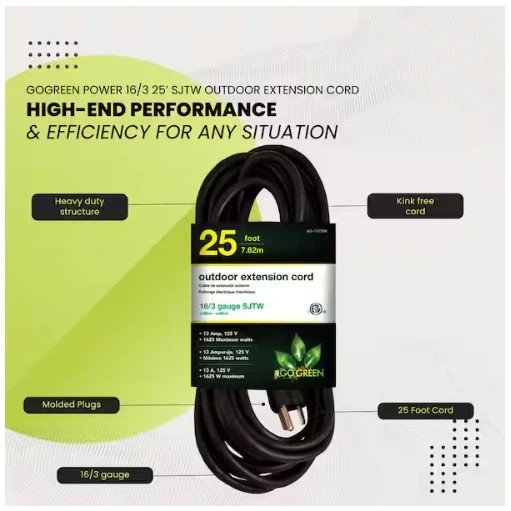 GoGreen Power 25 ft. 16/3 Heavy Duty Outdoor Extension Cord – Black