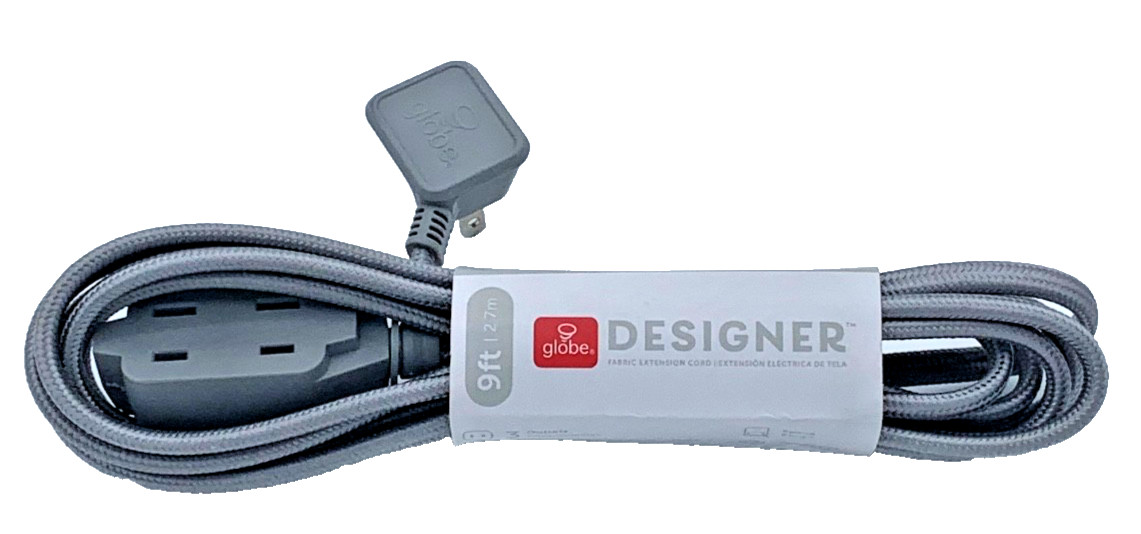 Globe “9 Foot” Fabric Indoor Extension Cord Grey 16/2 Gauge 3 Outlets 125V New