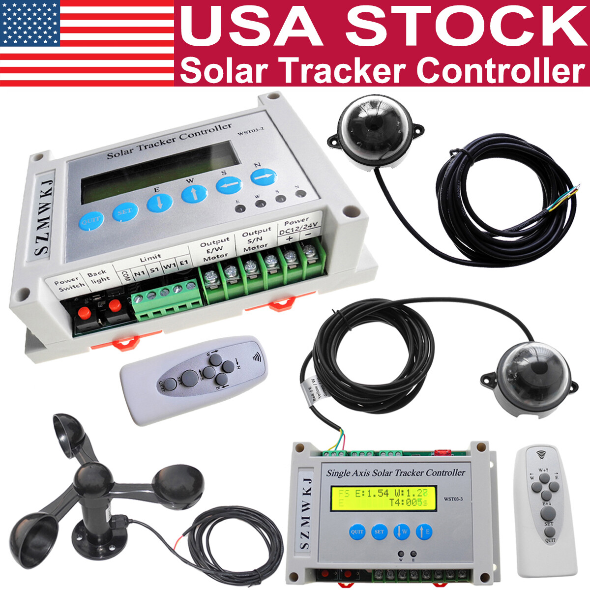 LCD Single/Dual Axis Solar Panel Track Tracker Controller + Wind Speed Sensor DO