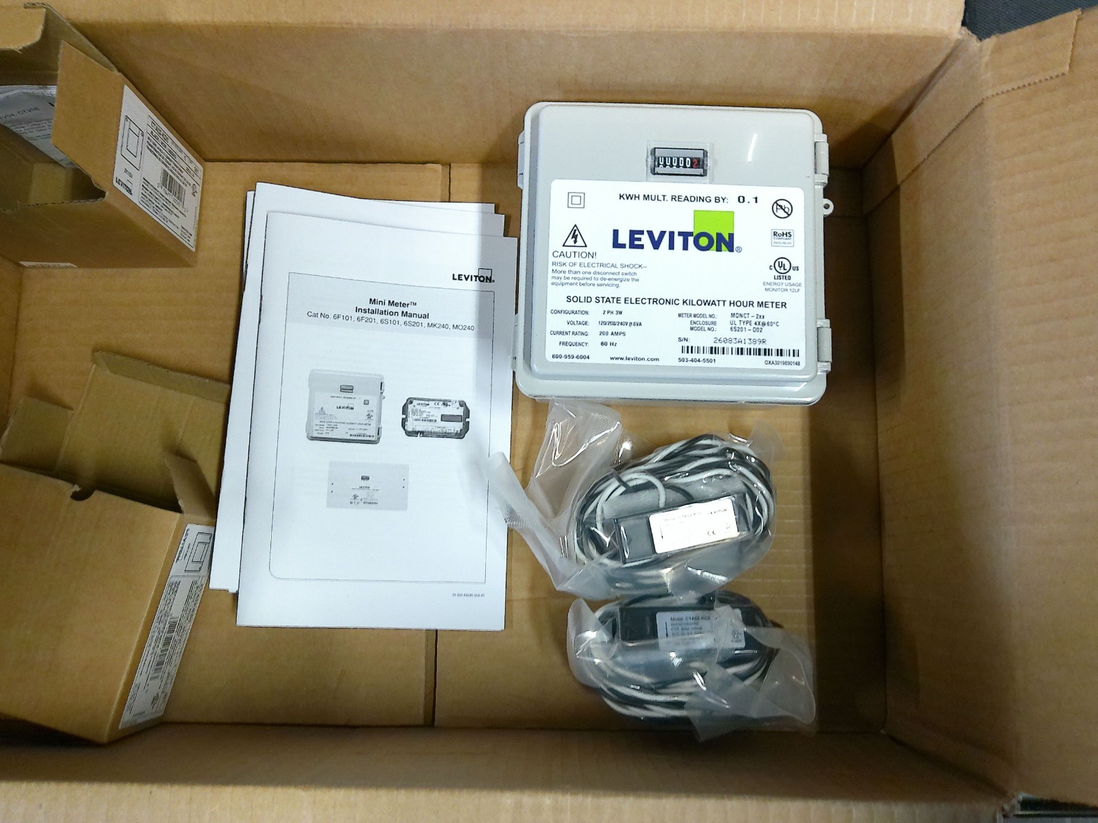 Leviton Outdoor Surface Mount Mechanical Counter 120/208/240V 2P3W 200A 2 Split