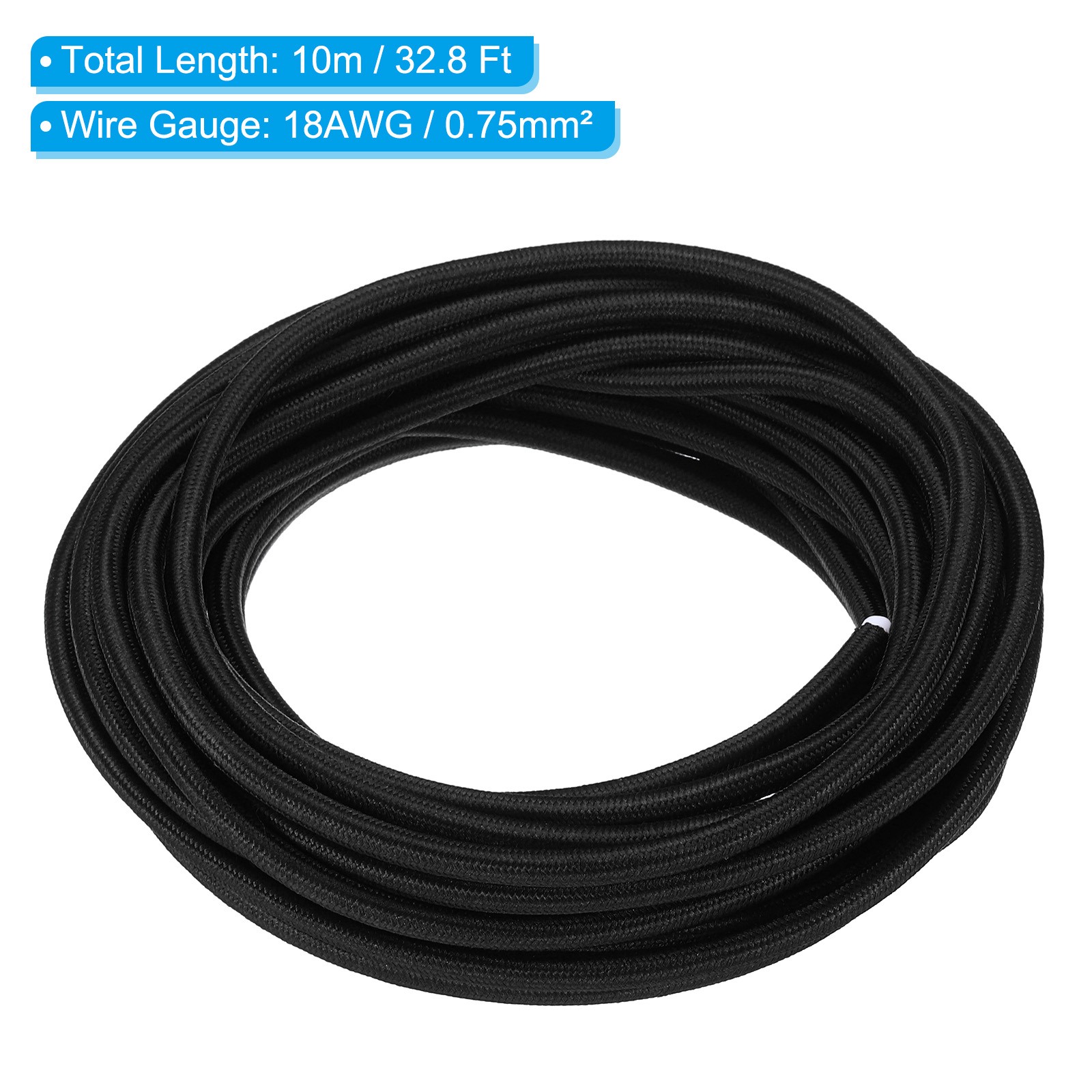 32.8ft 18AWG 3 Core Fabric Cloth Covered Round Wire Black