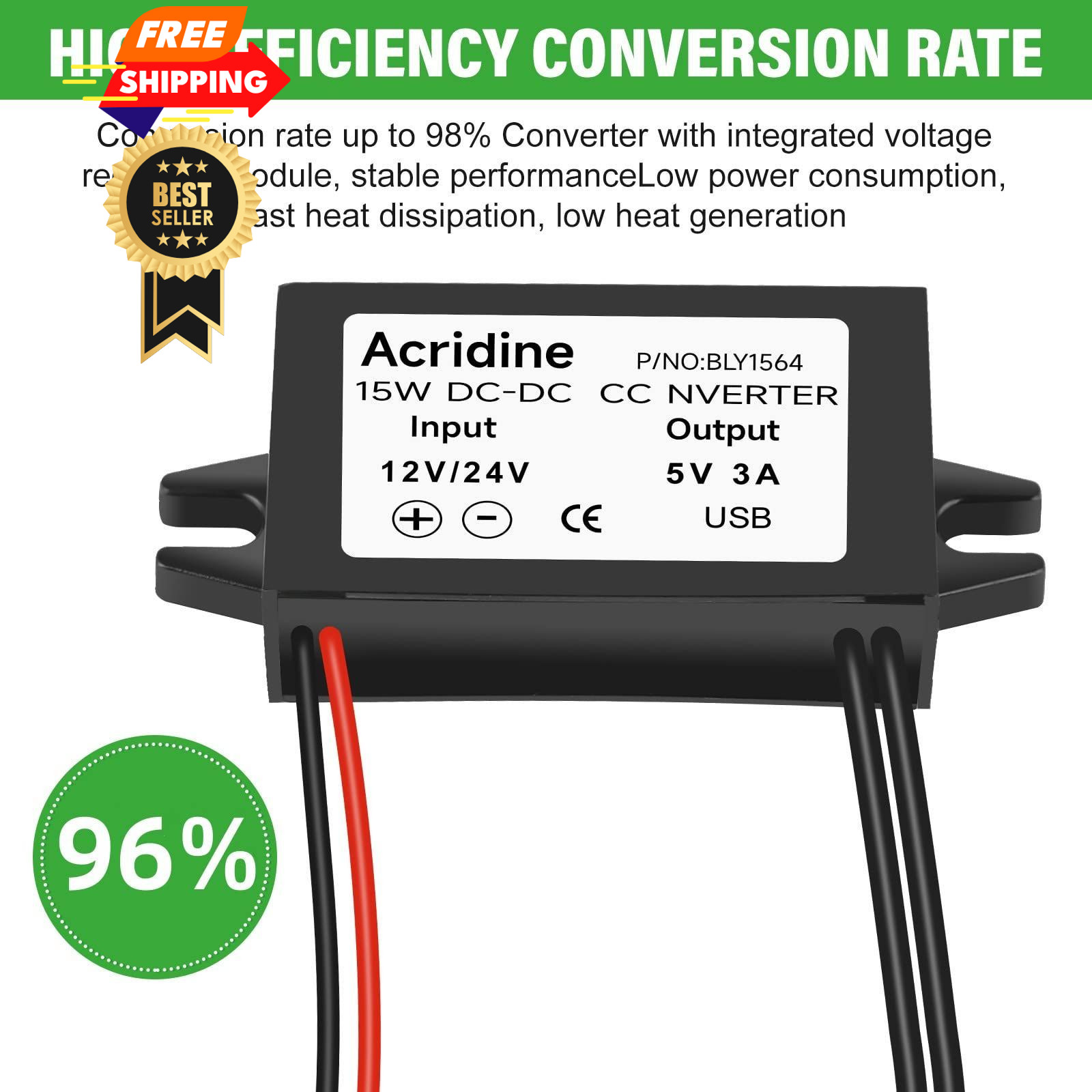 Acridine 12V 24V DC to 5V 3A USB Female Converter Adapter Buck Module Black