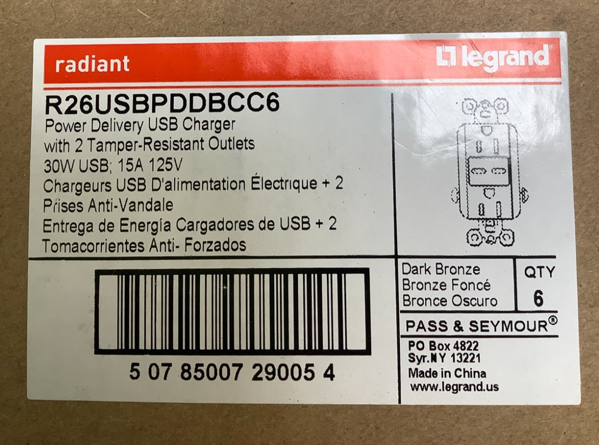 Legrand 15A 125V TamperResistant Duplex Outlet w/2 USB C Ports, Dark Bronze, 6pk