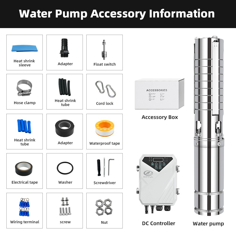 US STOCK DIFFUL 4″ 110V 2HP 42GPM DC Solar Water Pump Kit Livestock MPPT Control