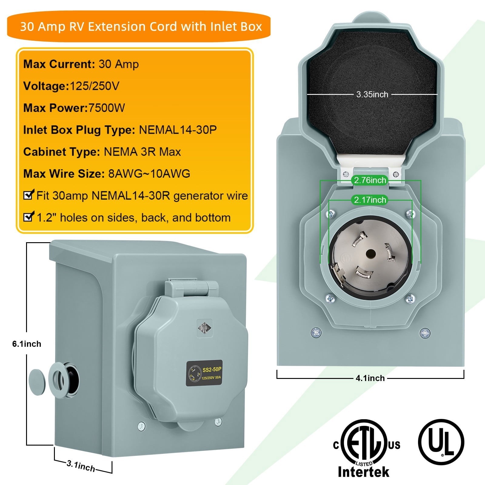 30 Amp 20FT RV Extension Cord with Inlet Box L14-30P to L14-30R Heavy Duty