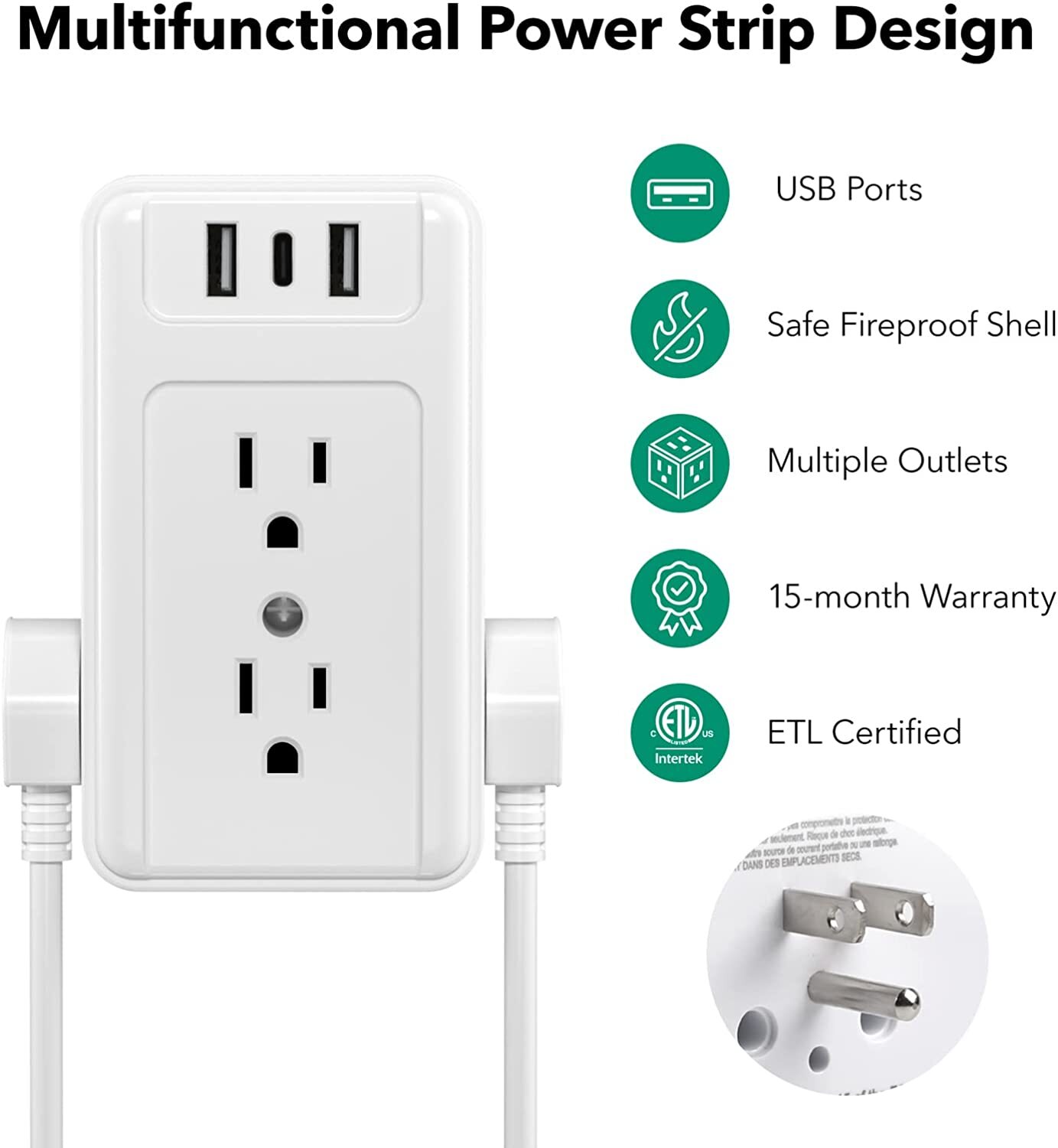 BN-LINK Multi Outlet Splitter Power Strip, 6 Wall Outlets & 3 USB Ports Adapter