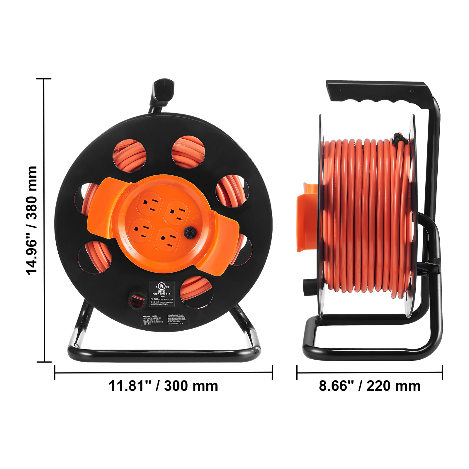 Extension Cord Reel 100FT with 4 Outlets 14AWG SJTOW Manual Cord Reel