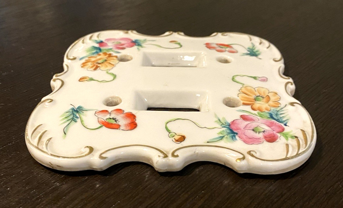 Vtg Cottage Floral Porcelain Double Light Switch Cover Ornate Victorian Style