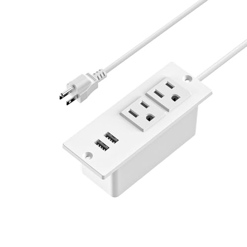 Small Recessed Power Strip Plug Extension Cord with USB Electrical Outlet White