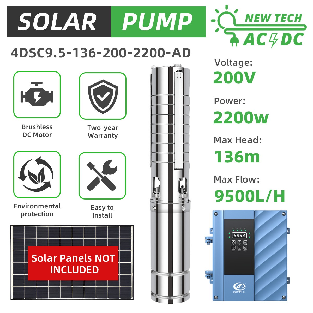 US STOCK 4″ AC/DC Hybrid Solar Submersible Bore Well Water Pump Irrigation Farm