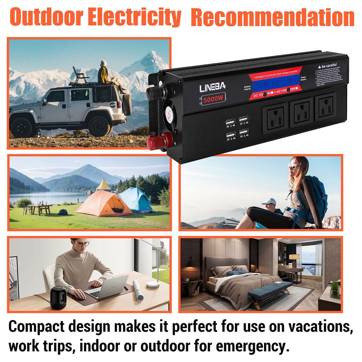 1500W 2500W 5000W Car Power Inverter 12V to 110V Converter 3AC 4USB LCD Display