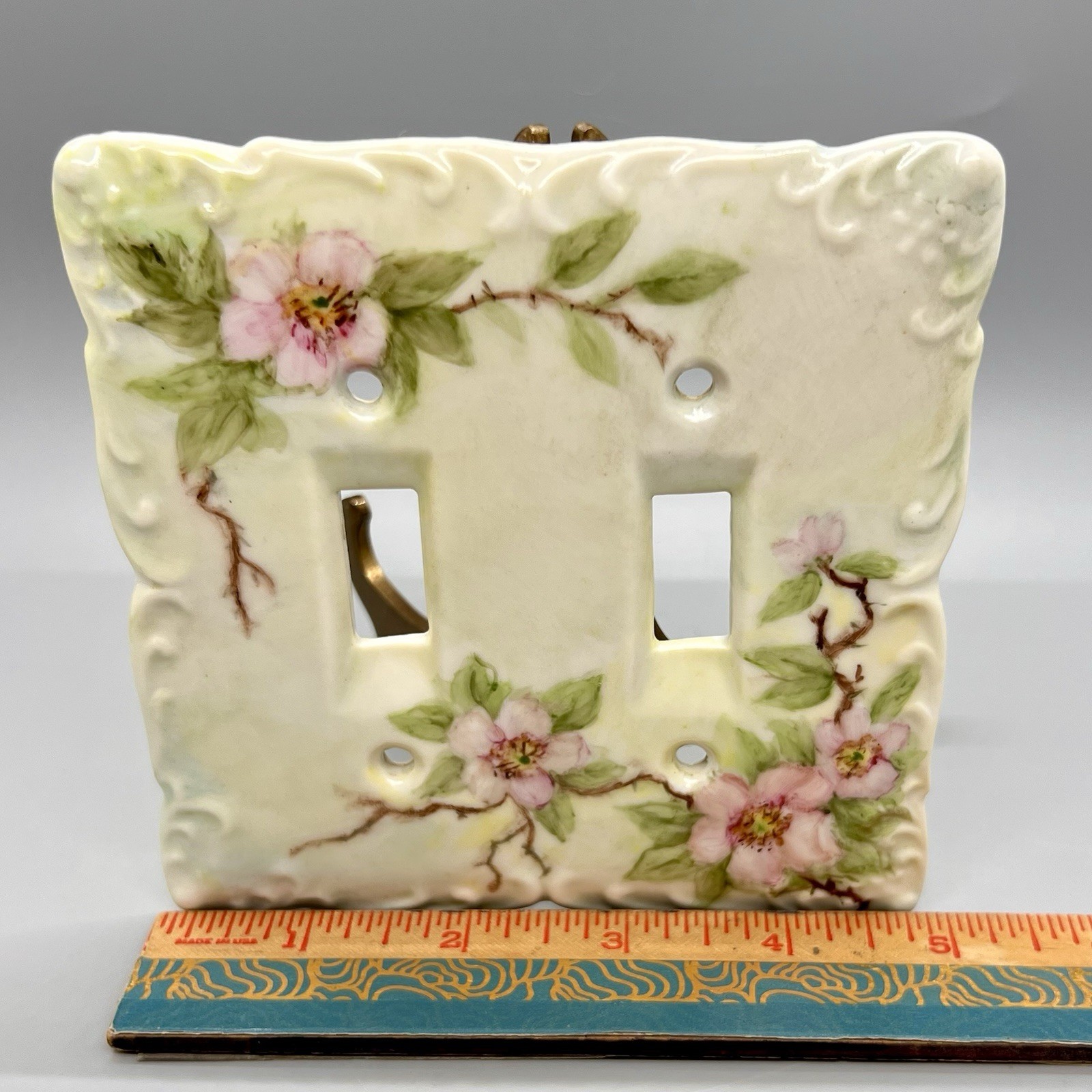 Vtg Porcelain 2-Gang Light Switch Plate Green Hand Painted Pink Dogwood Florals