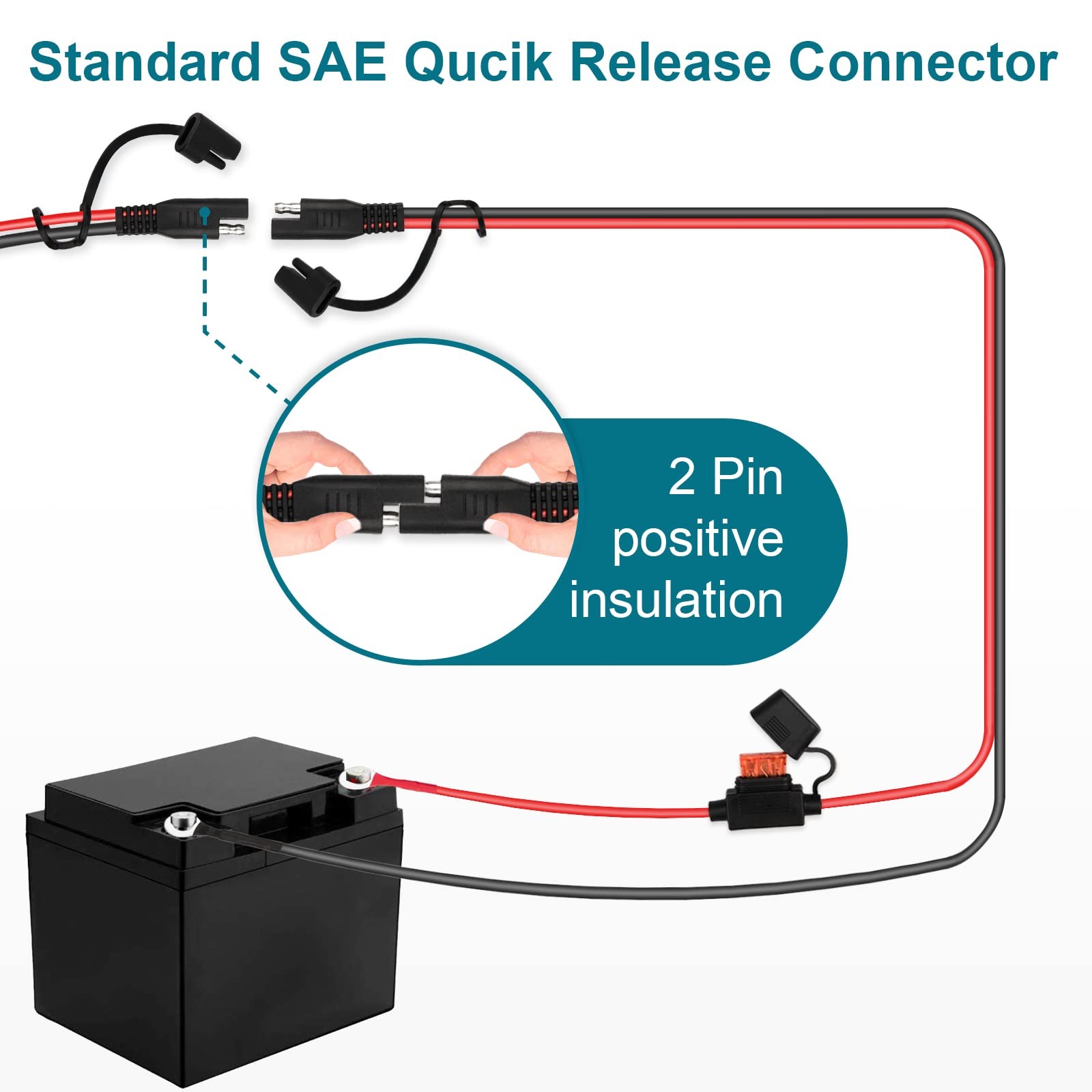 SAE Battery Connector 10AWG 2FT, SAE to O Ring Battery Connector