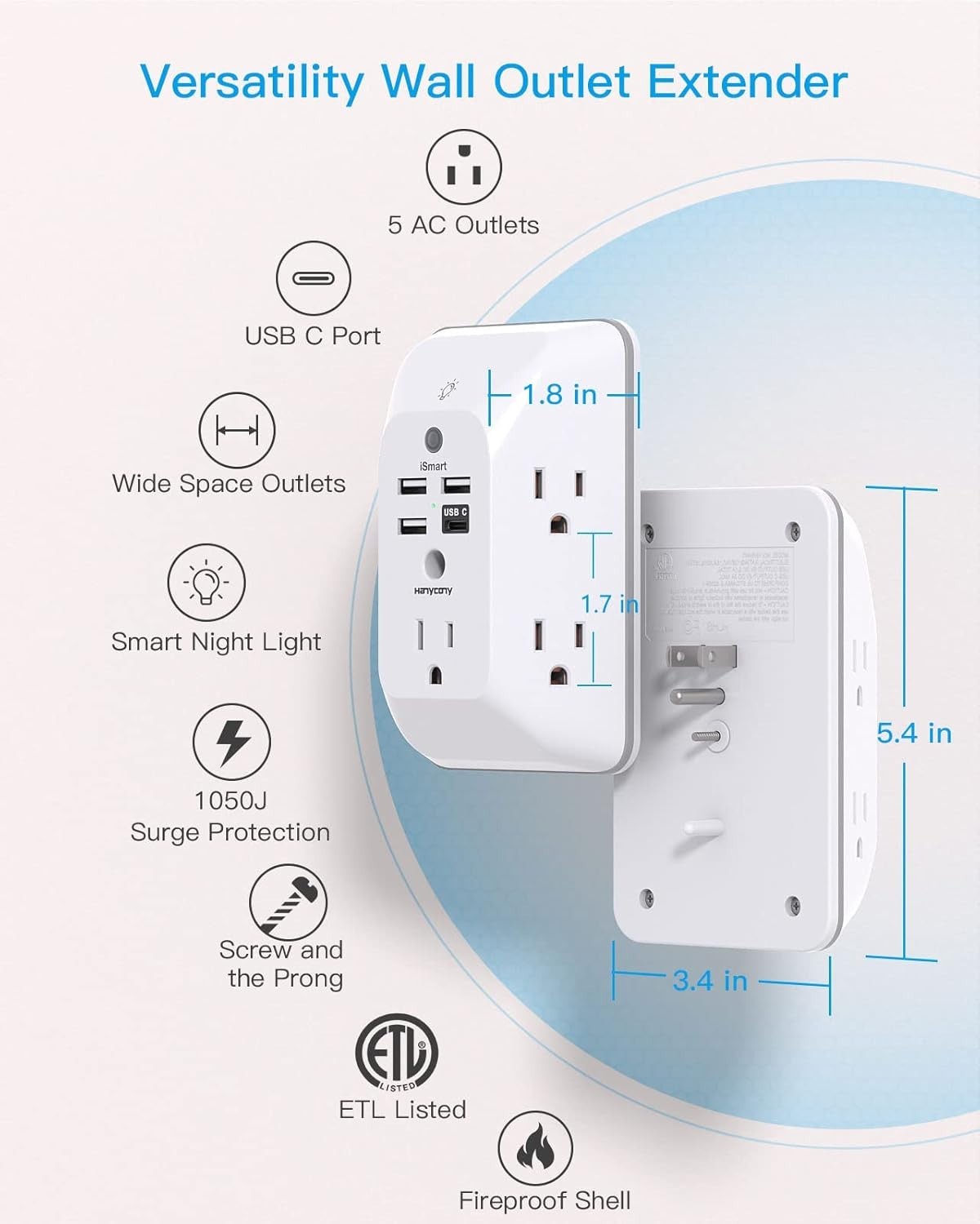 Outlet Extender with Night Light, Multi Plug Outlet USB Wall Charger Surge