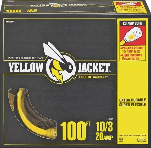 NEW YELLOW JACKET 2992 10/3 X 100 FOOT HEAVY DUTY T-BLADE OUTDOOR EXTENSION CORD