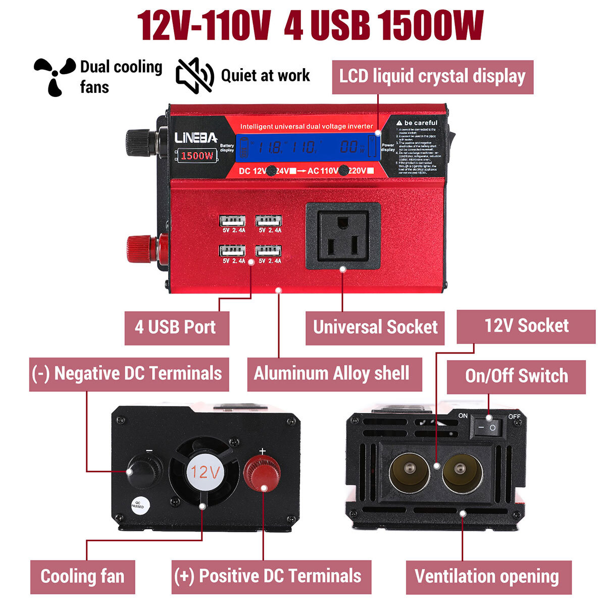 1500W 2500W 5000W Power Inverter 12V To 110V 120V Converter For Boat Car Camping