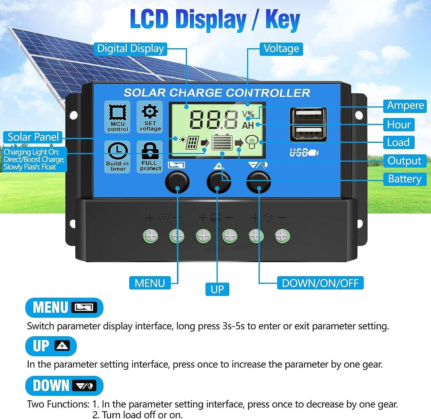 30A PWM Solar Charge Controller with Dual USB Ports & Adjustable LCD Display
