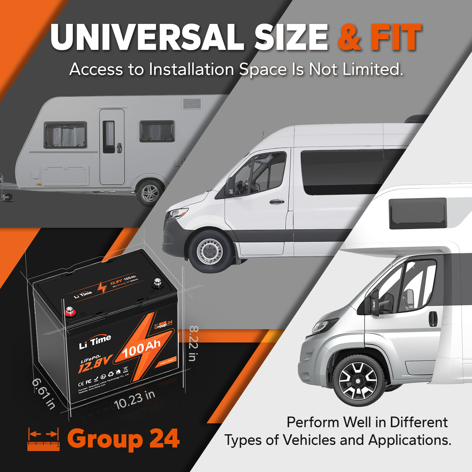 LiTime 12V 100Ah Group 24 LiFePO4 Lithium Battery Built-In 100A BMS 1280Wh
