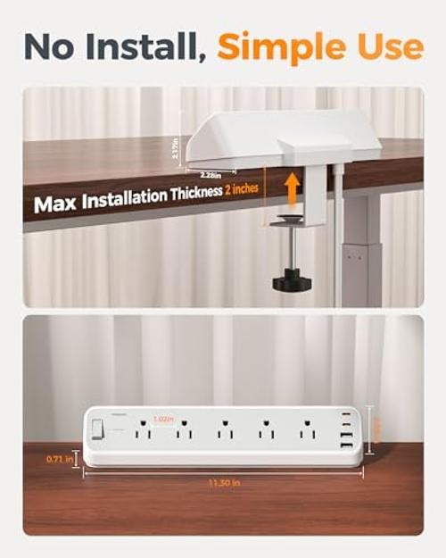 Desk Clamp Power Strip 10 Ft with 2100J Surge Protector, Gray | 5 10 FT Grey