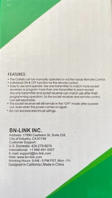BN-LINK Wireless Remote Control Outlet Plugs with 2 remotes and 5 sockets Indoor