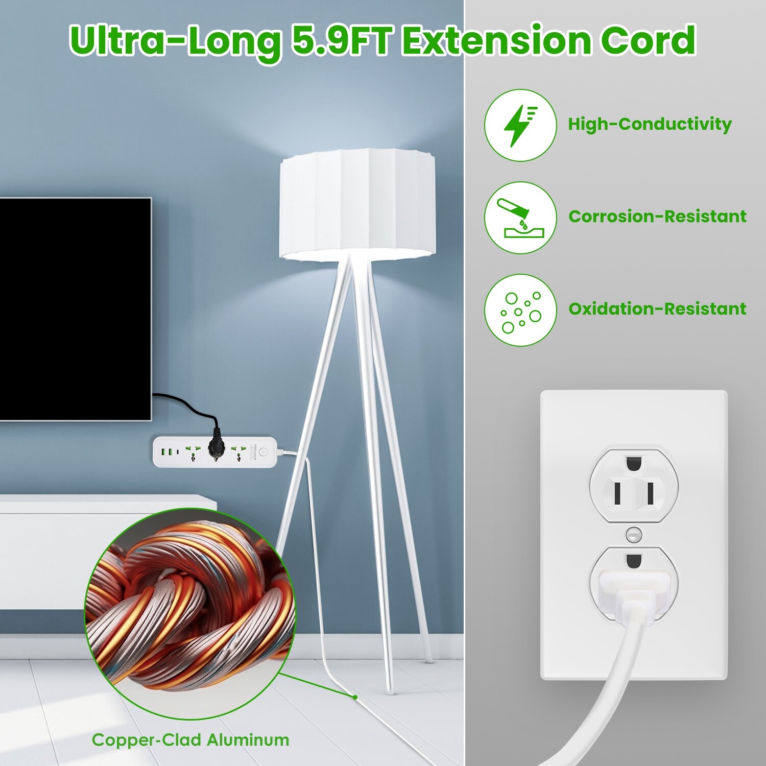 2500W Wall Mount Power Strip – 6/8 Ports Perfect for Home Office & Travel