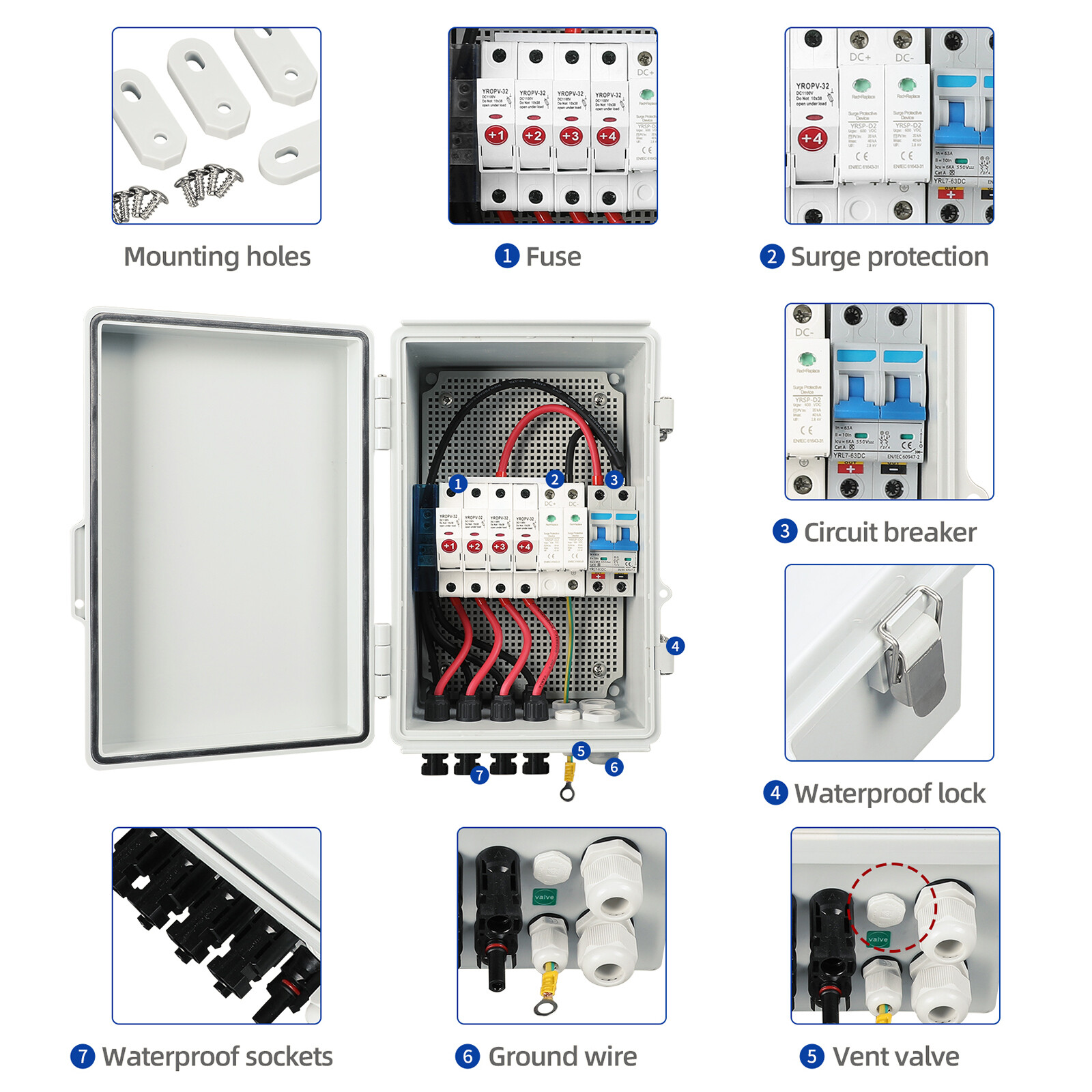 4 String Solar Combiner Box PV Combiner Circuit Breaker 63A For Solar Panel Kit