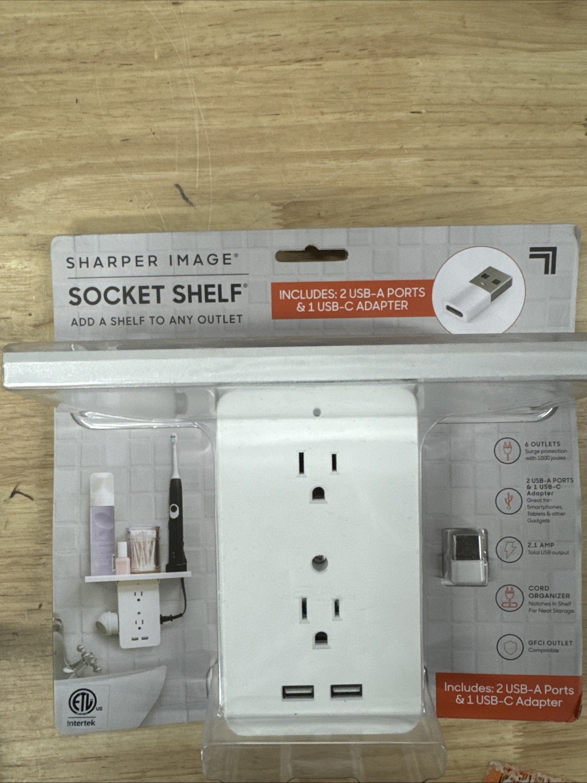 Sharper Image6-Outlet Cordless Wall Extender Socket SHELF