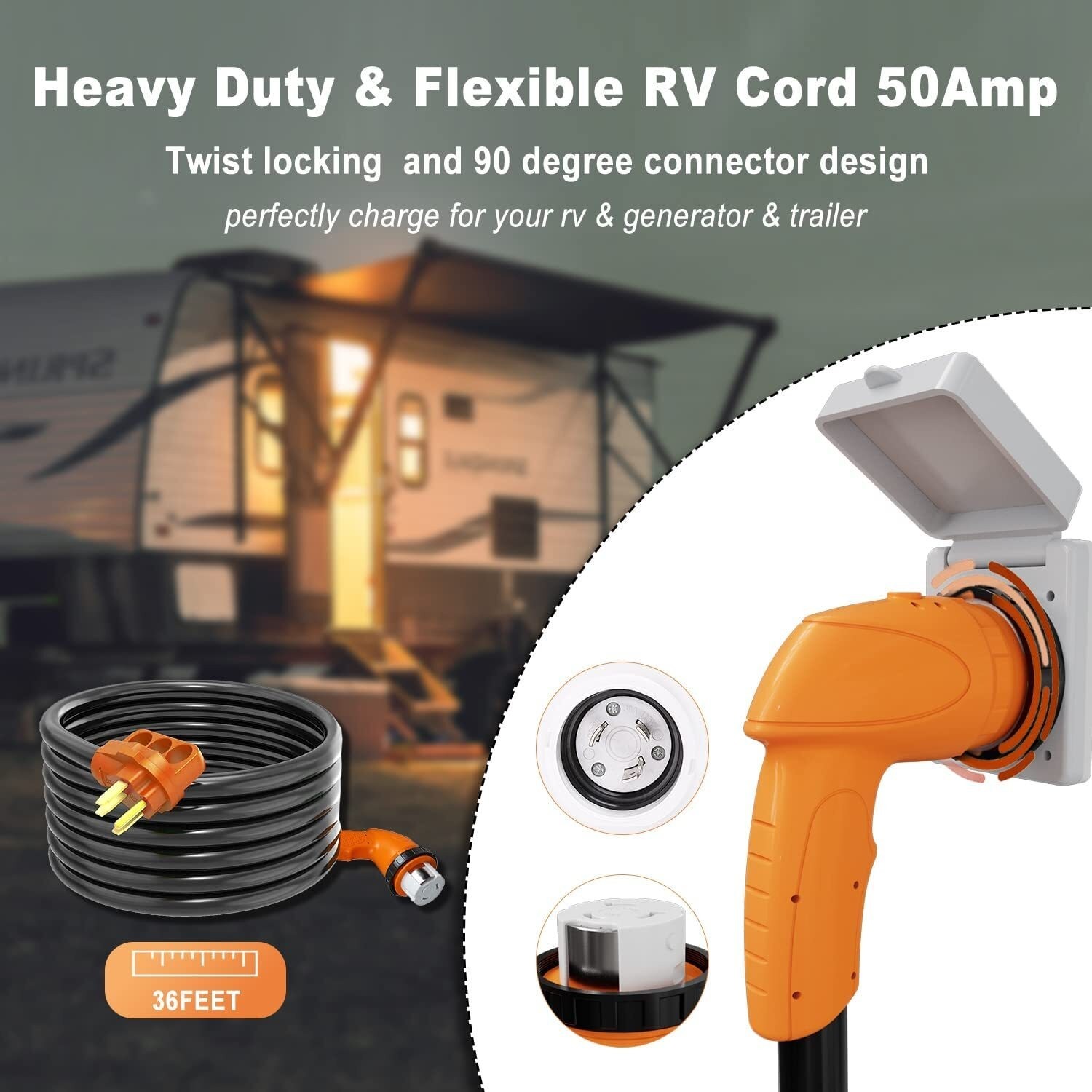 RV Extension Cord Power Cable 25/50 FT 50 AMP 90-Degree Twist Locking Cord