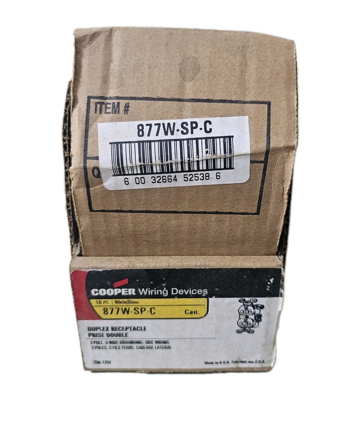 NEW (12 Pack) COOPER 877W WHITE 20 AMP 125 VOLT RECEPTACLE 2 POLE 3 WIRE Case