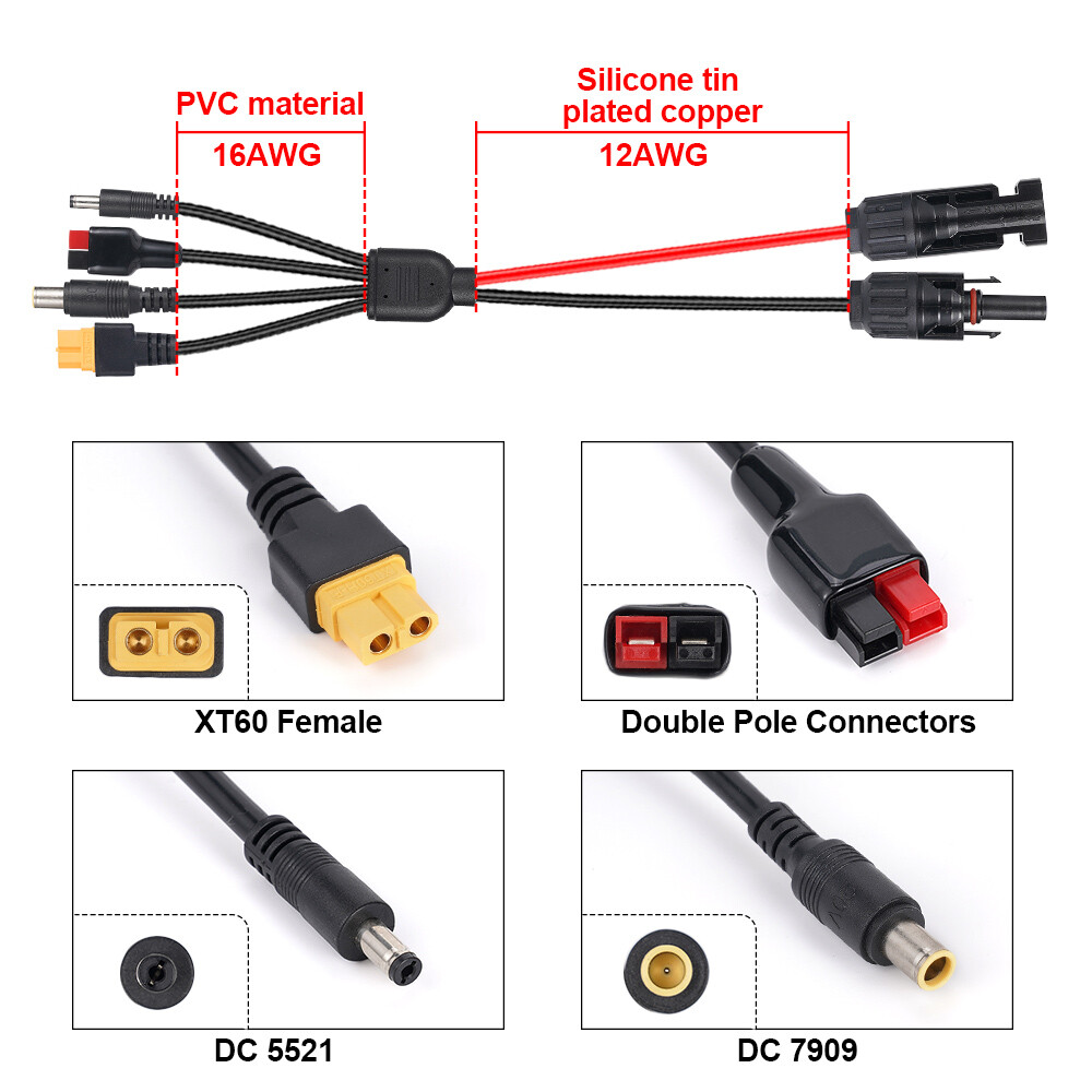 Solar Panel Extension Cable 4 In 1 DC5521 7909 XT60 Female Connector PV Wire 3ft