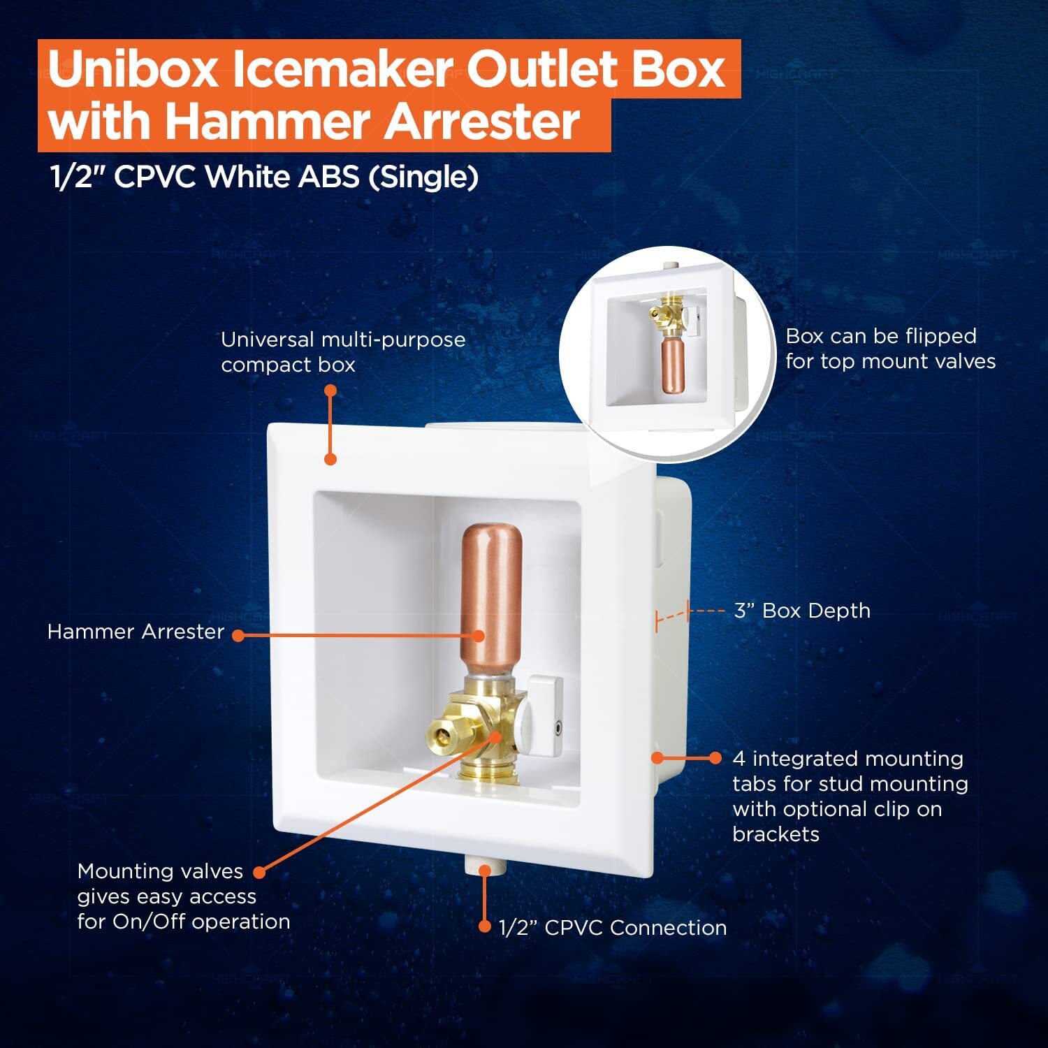 Icemaker Outlet Box w/ Hammer Arrester,Valve, Nut 1/2”in CPVC White ABS (Single