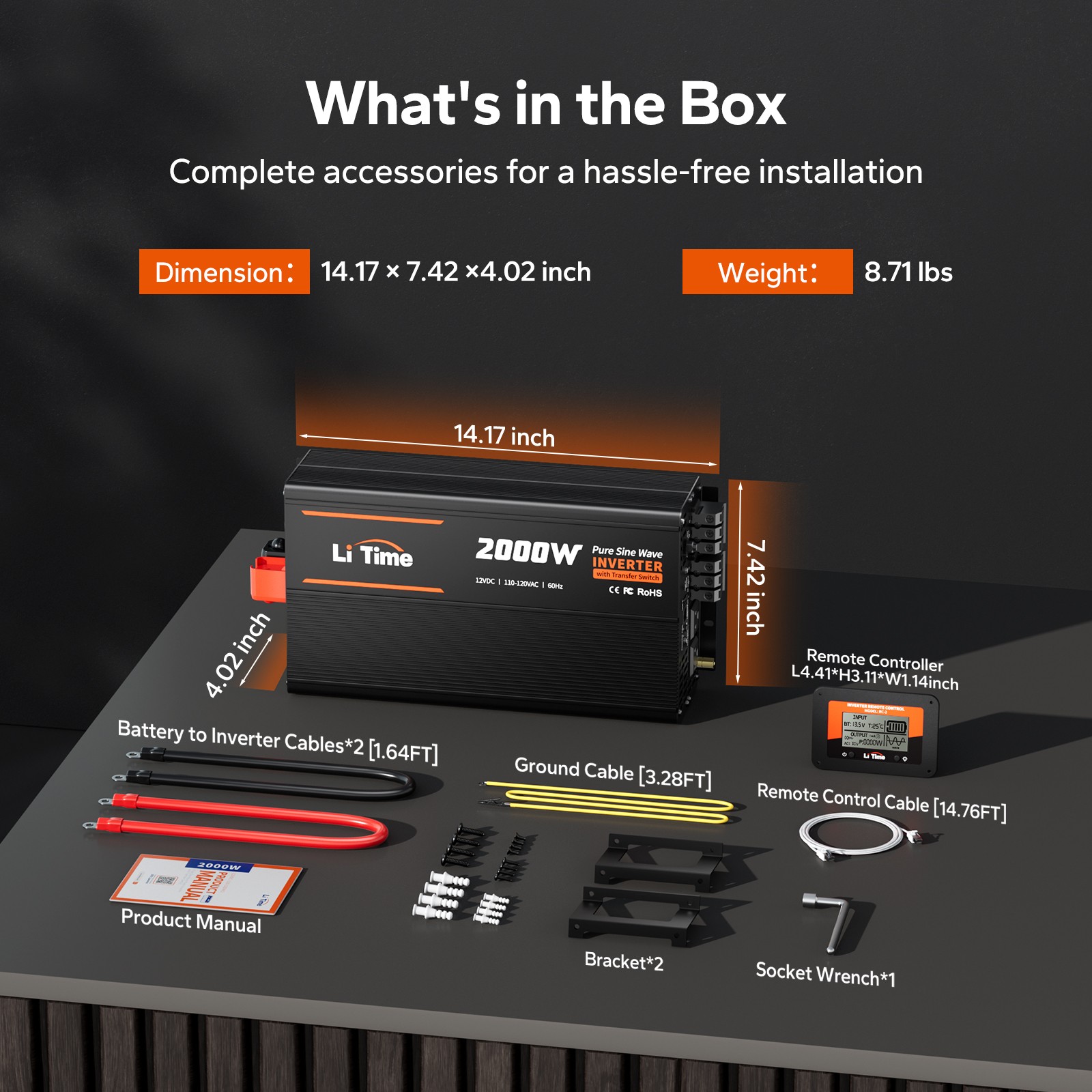 LiTime 2000W Pure Sine Wave Inverter 12V DC to 110V/120V AC with ATS Function