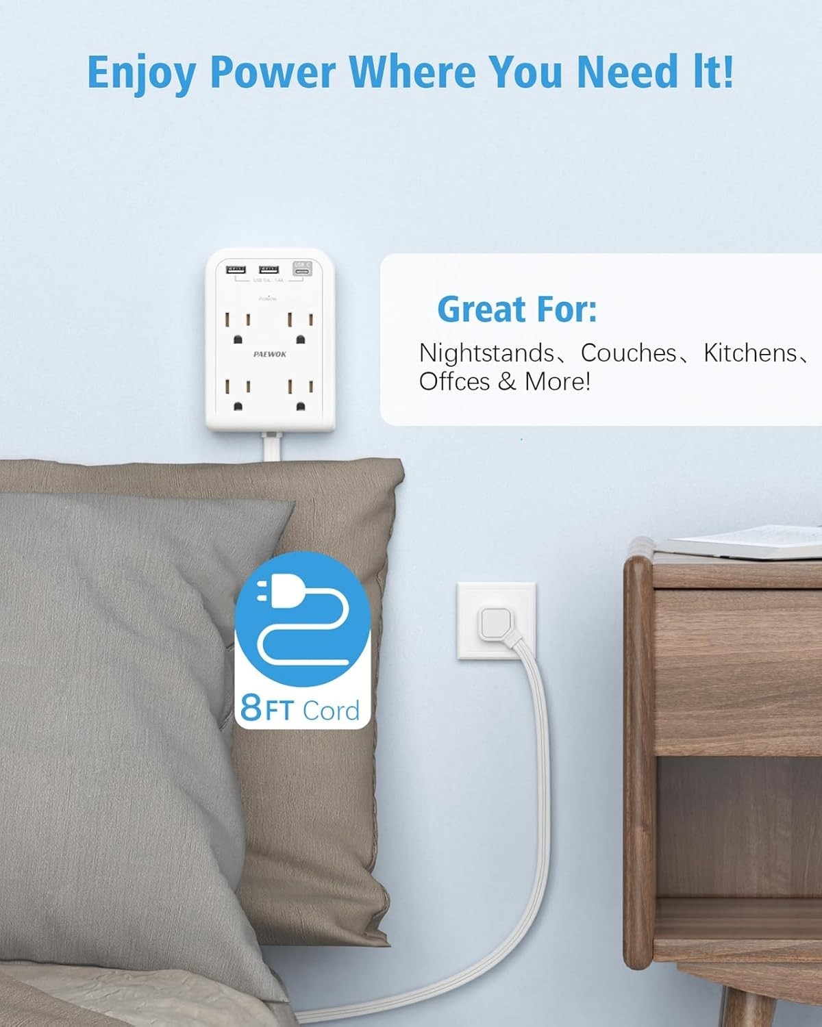 Modern 7-in-1 Electrical Outlet Extender with 3 USB Ports & Surge Protection