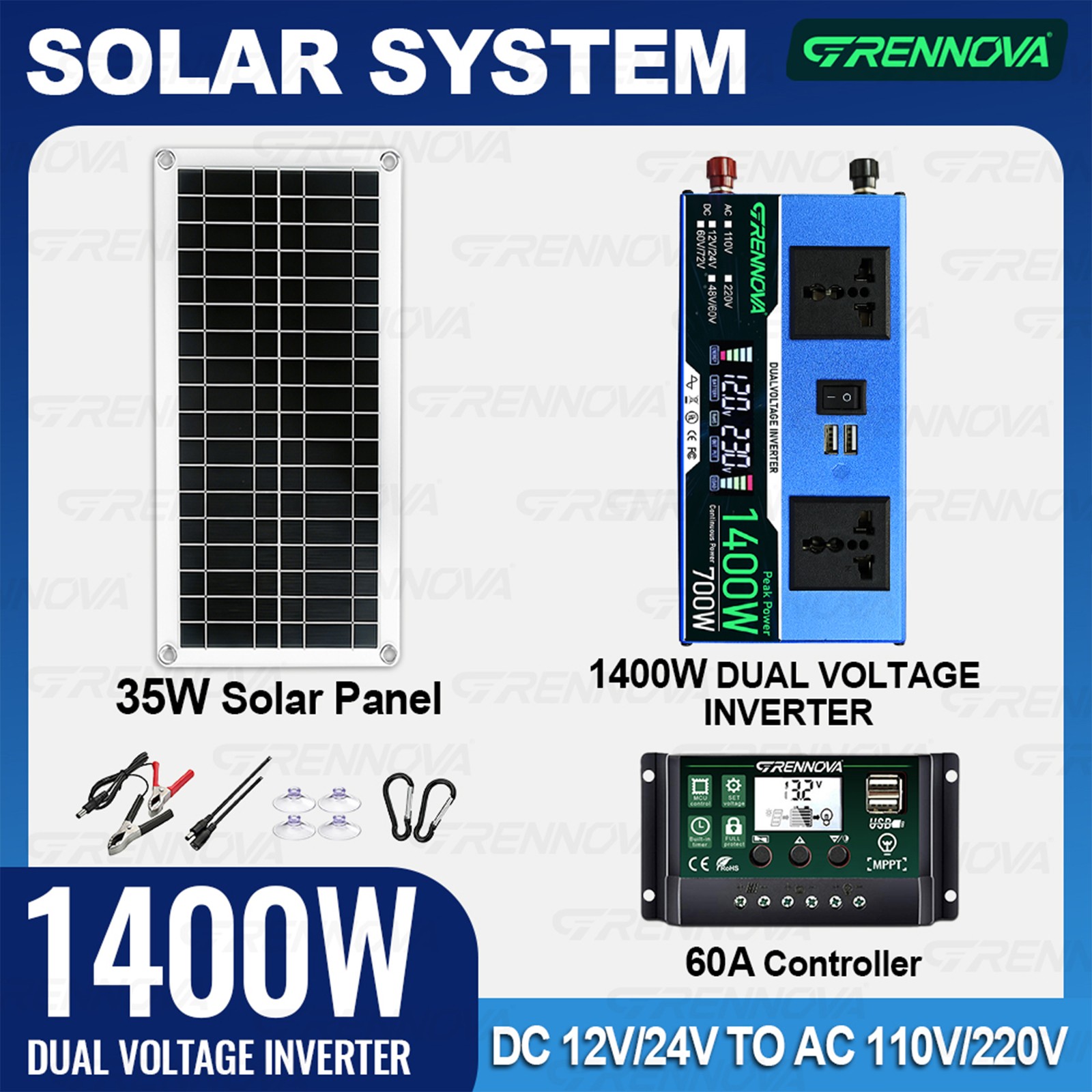 Grennova 1400W Solar Kit 35W Panel 60A MPPT Off-Grid RV Home Backup