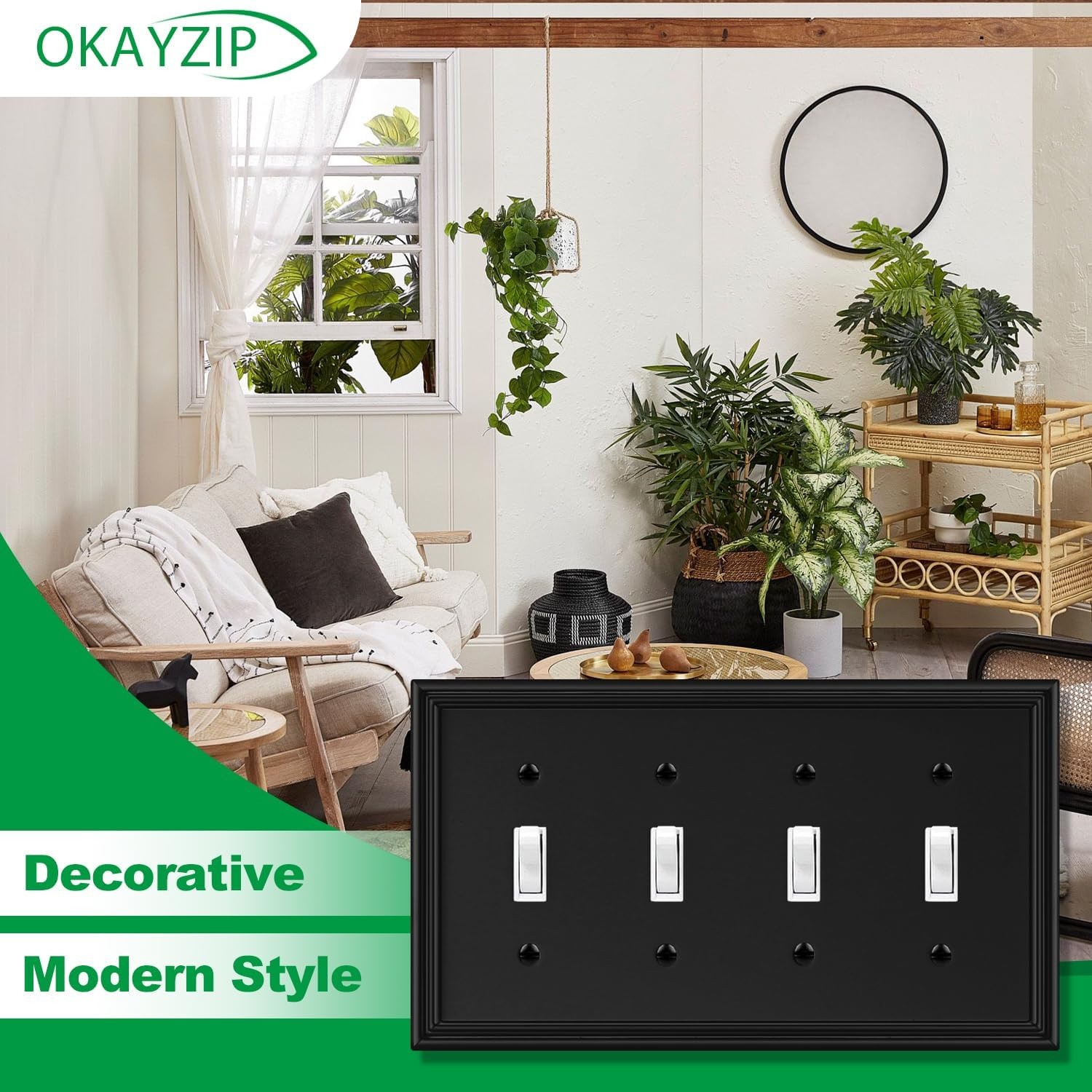 Matte Black Decorative Quad Toggle Light Switch Covers Wall Plate, Natural Mater