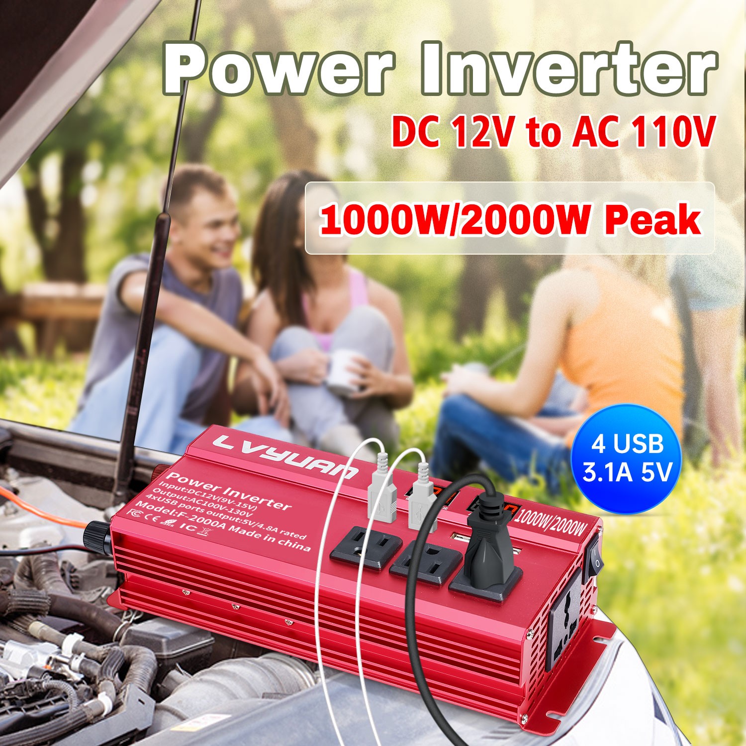 1000W 2000W Peak Car Power Inverter 12V DC to 110V AC Converter with LCD & 4 USB